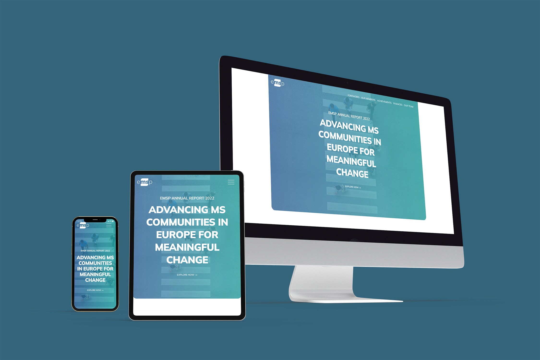 EMSP Interactive Annual Report 2022 hero section on multiple devices including a wide screen, tablet and mobile