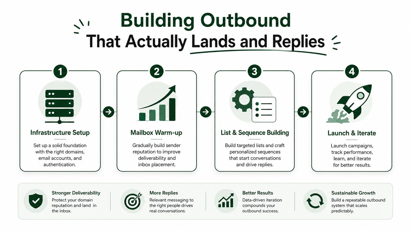 A four-step infographic showing the process of building a successful outbound lead generation strategy for businesses.