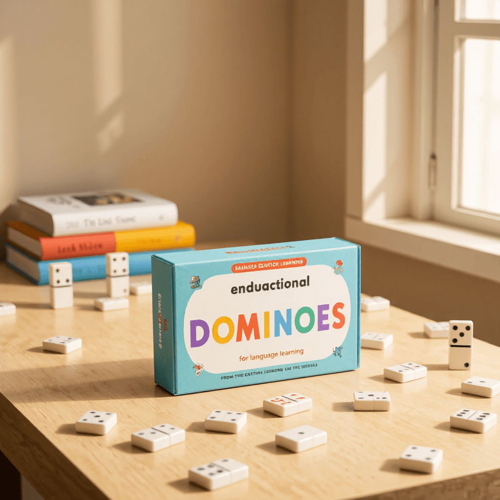 product photography of a box of educational dominoes for language learning