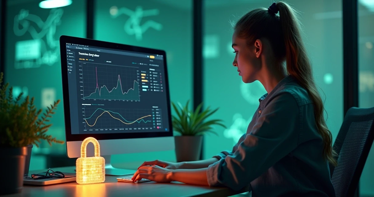 Nutricionista analisando gráficos de HRV e carga de treino em tela protegida por cadeado digital 