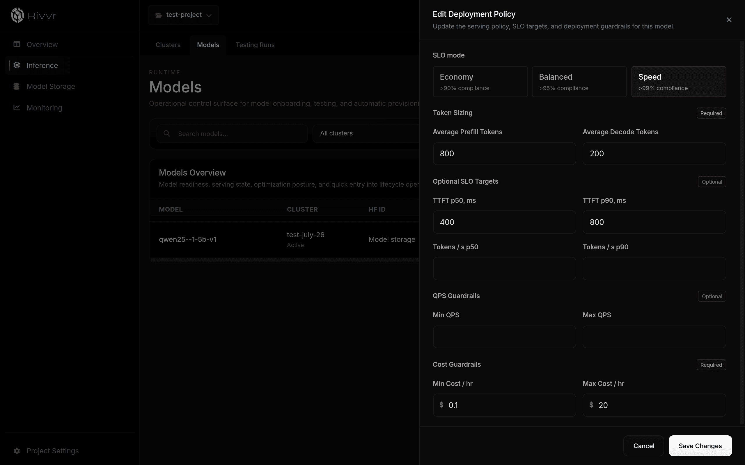 Rivvr deployment policy panel updated with speed-focused SLO targets for p50 and p90 time to first token