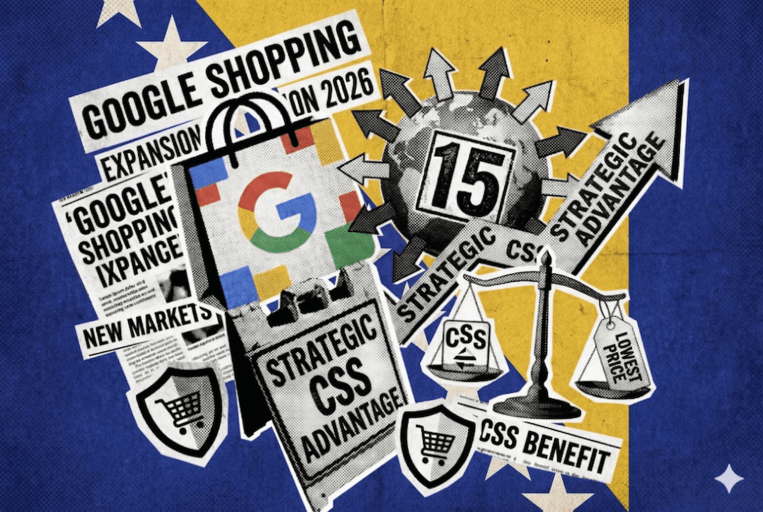 Google Shopping will be available in Bosnia & Herzegovina in 2026. The picture shows the country's flag and the perks of Google CSS