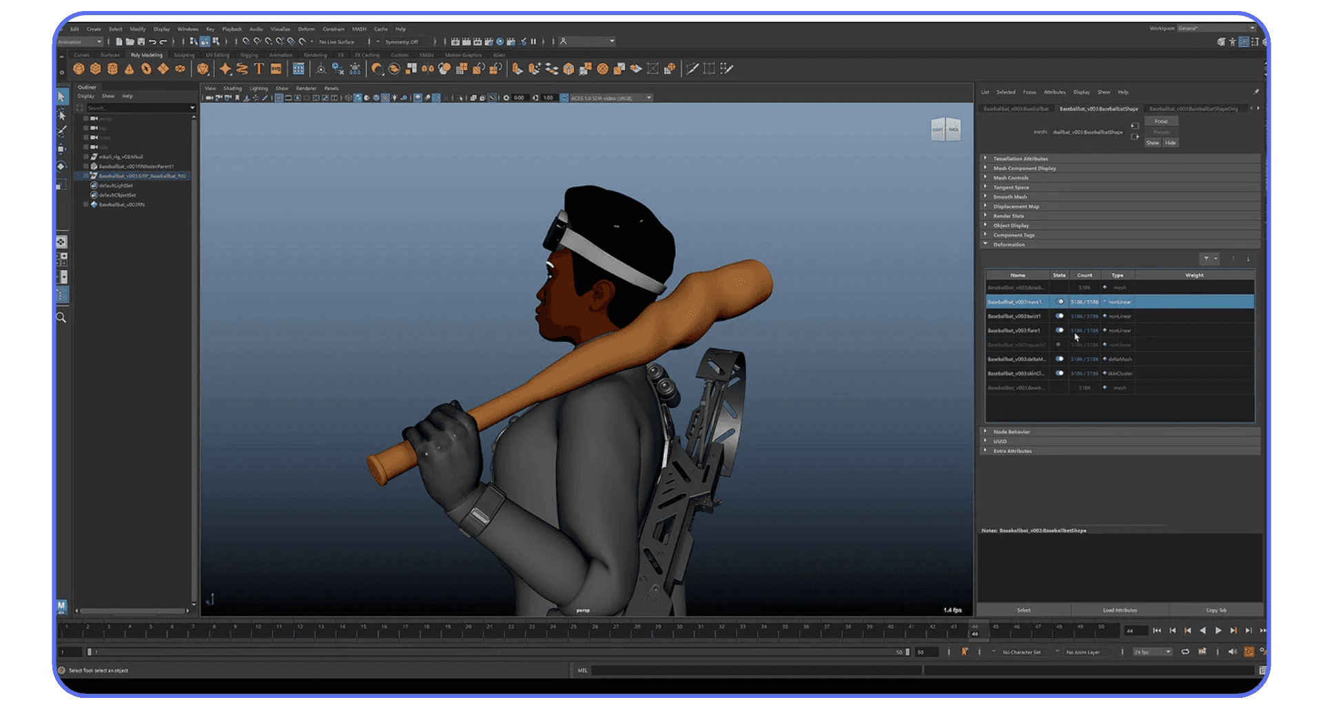 3D character model with rig setup in Autodesk Maya software interface on desktop.