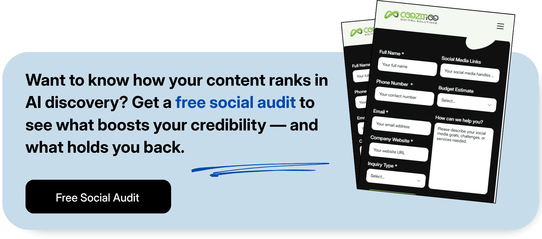 Free social audit CTA from Coozmoo with five review areas and AI brand mention check