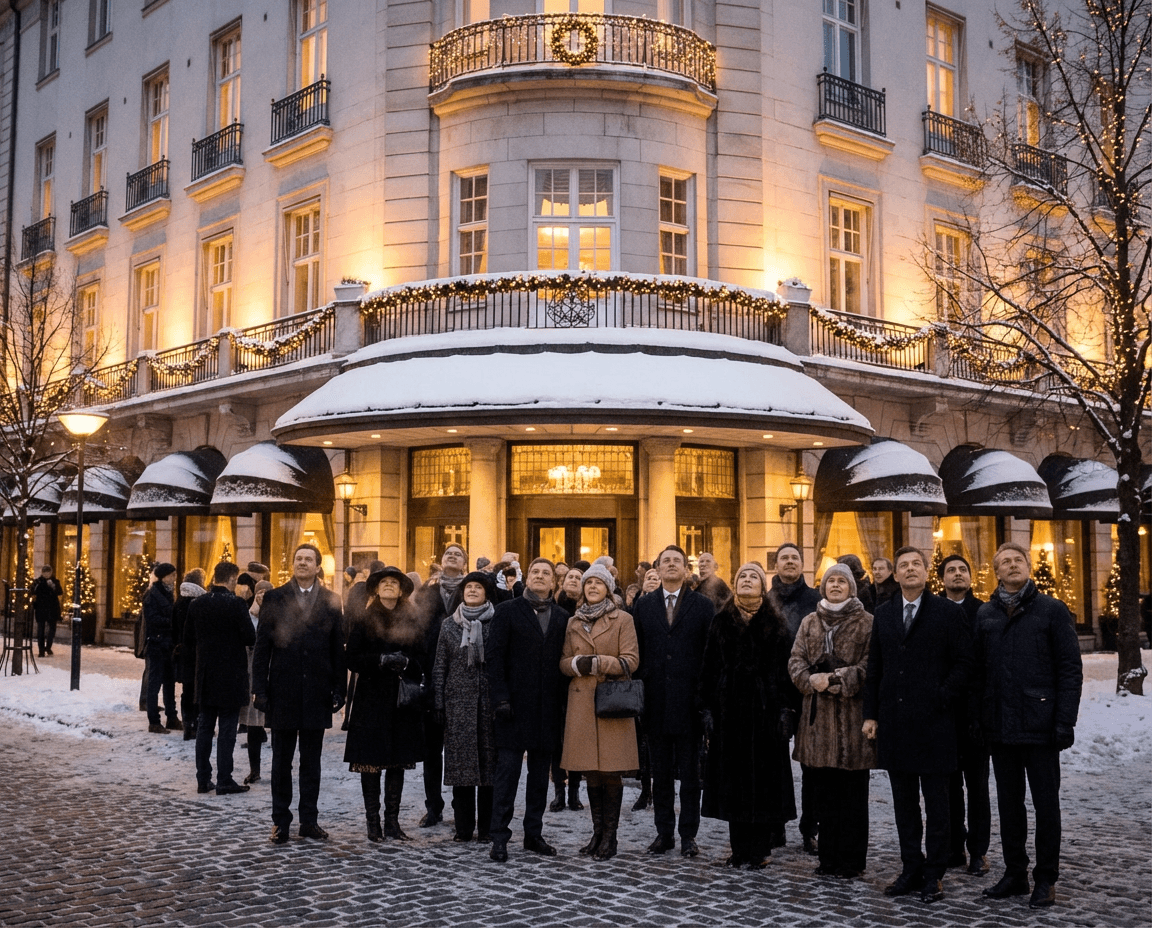 Exterior of the Grand Hotel in Oslo during Nobel festivities.