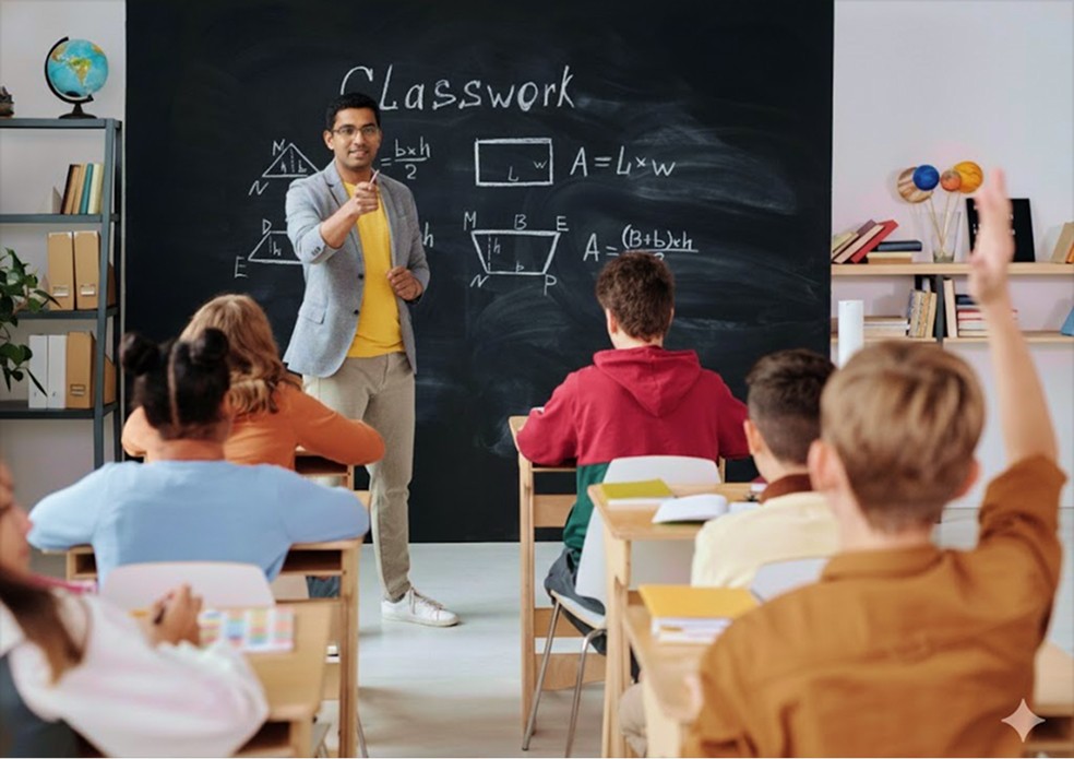 A teacher stands near a whiteboard in a classroom, explaining a lesson to the students.