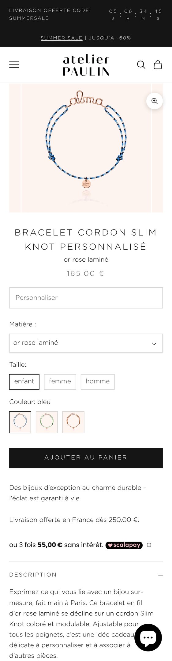 Jewelry product options include: bracelet for Bracelet Cordon Slim Knot Personnalisé - or rose laminé from Atelier Paulin - France.