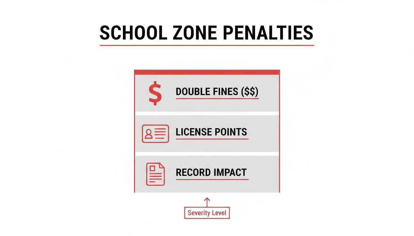 Infographic detailing school zone penalties, including double fines, license points, and record impact, with increasing severity.