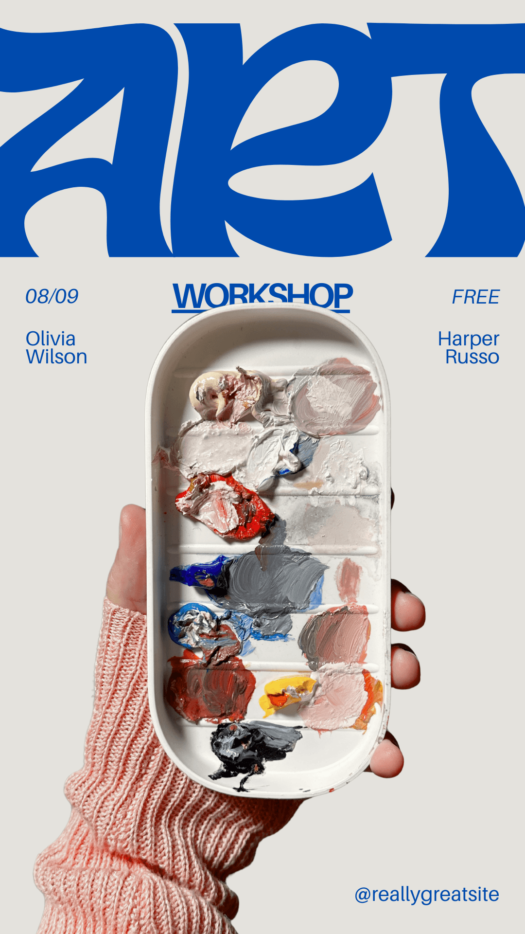 Art workshop flyer with paint palette in hand, featuring Olivia Wilson and Harper Russo event details.