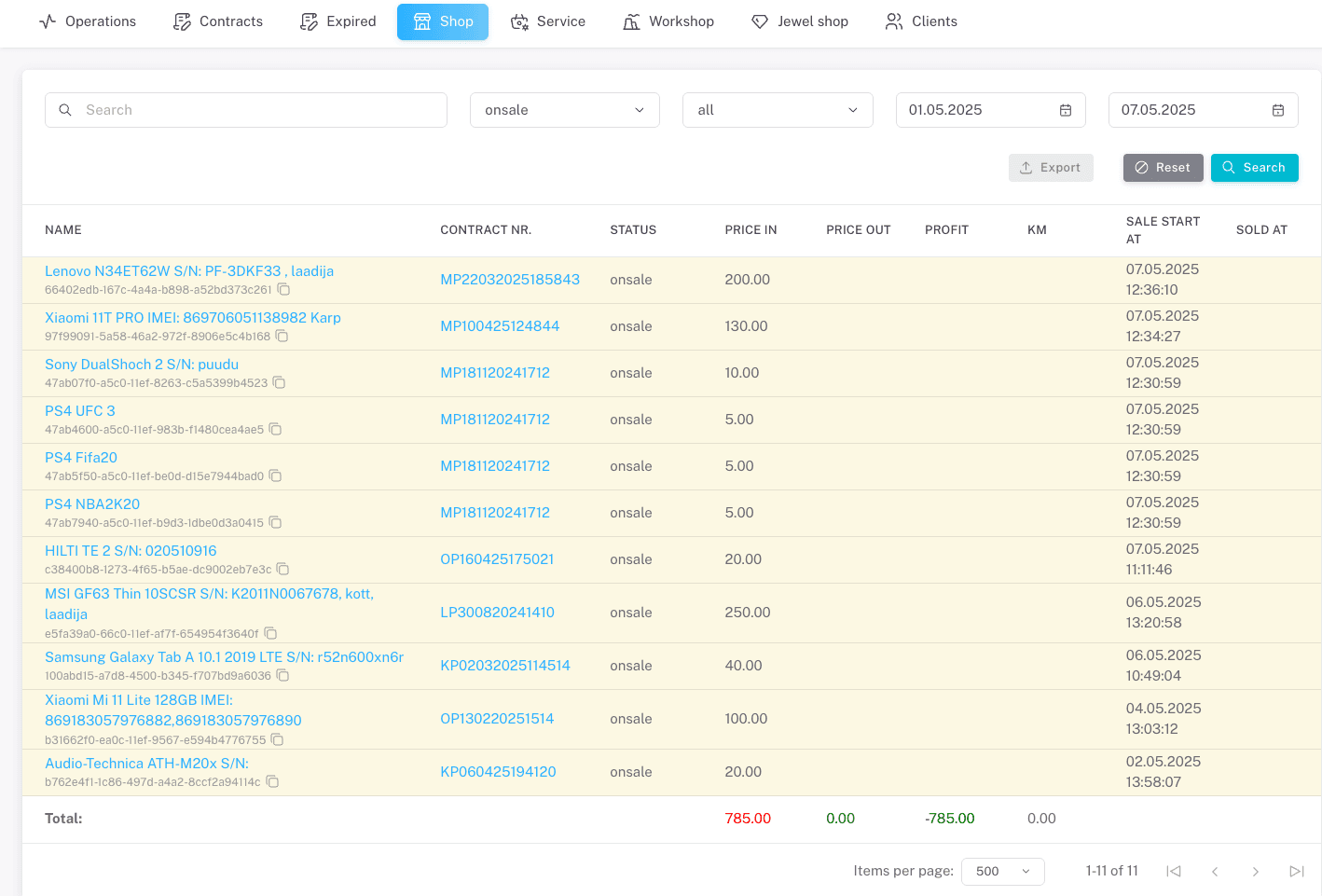 On-sale inventory management page with filters