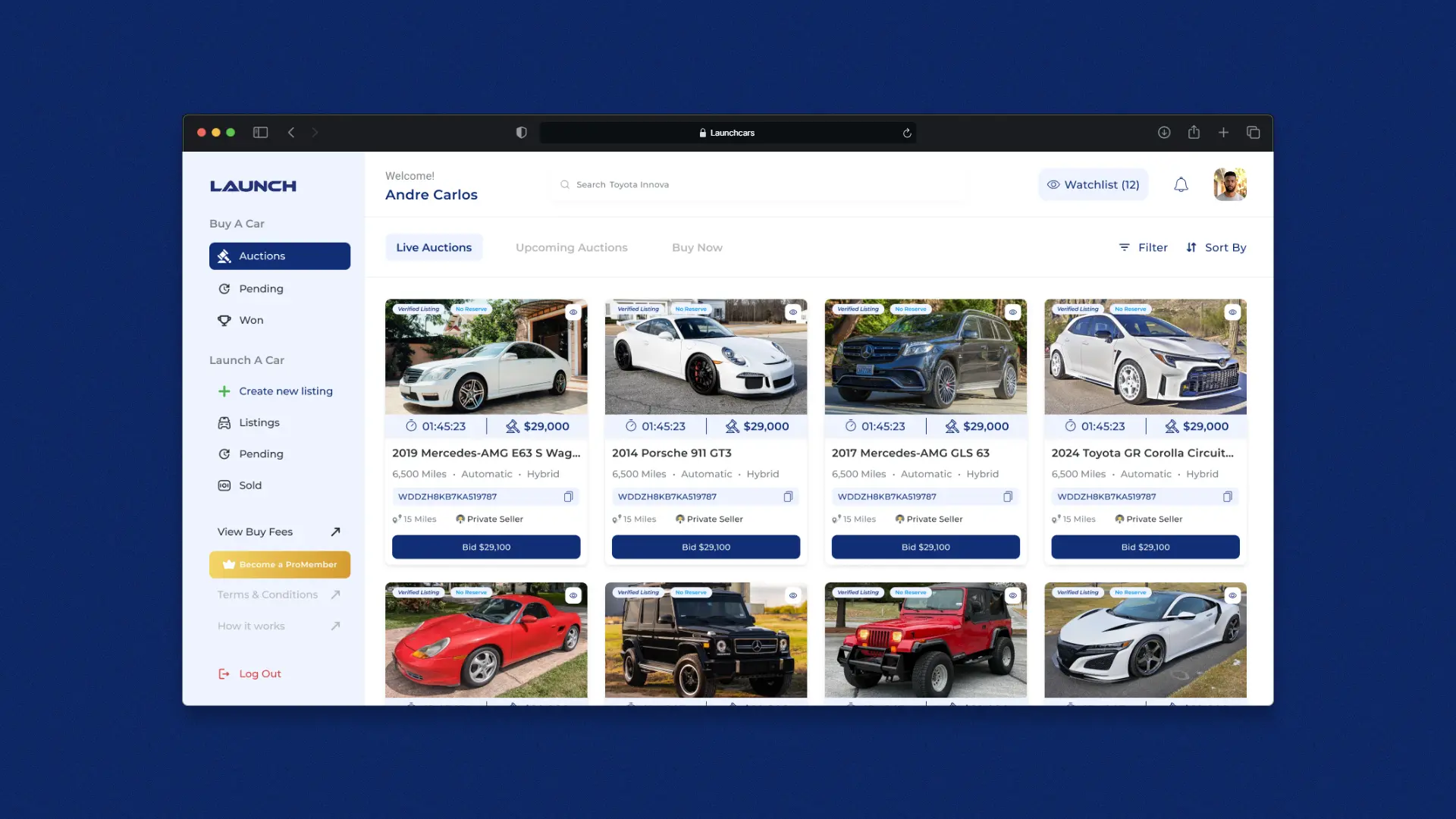 A high-fidelity desktop UI design of the Launch car auction platform, showcasing the comprehensive bidding dashboard and advanced vehicle filtering on a web interface.