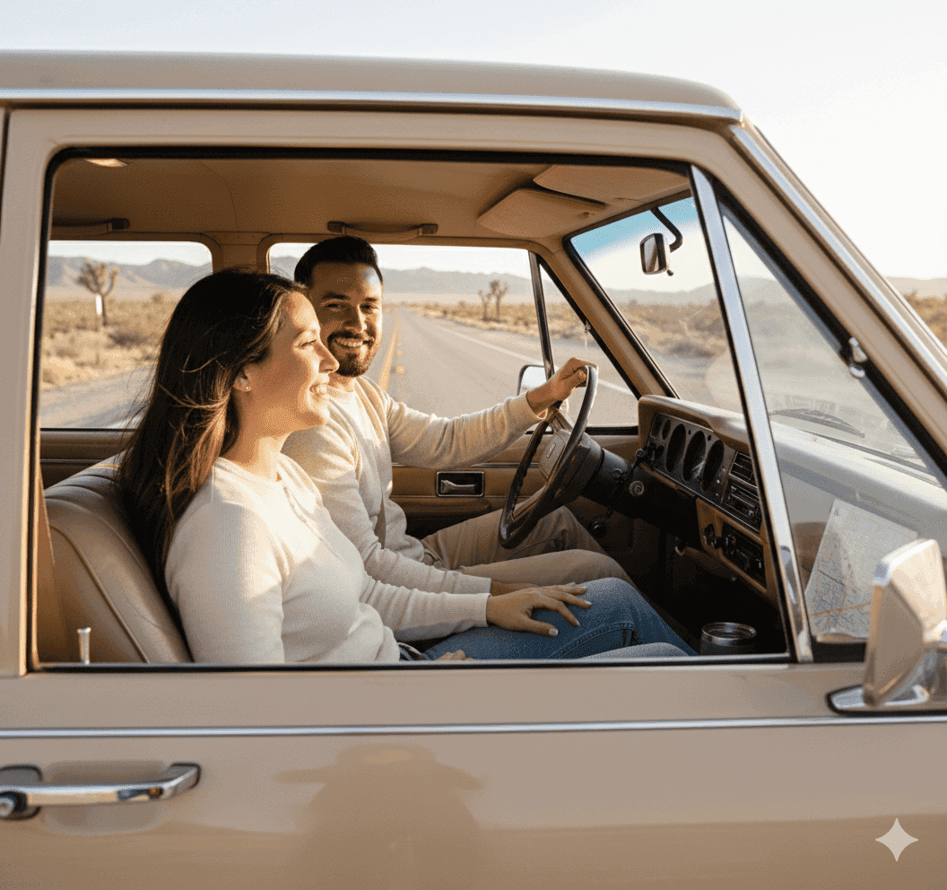 Couple in vintage car driving on desert road