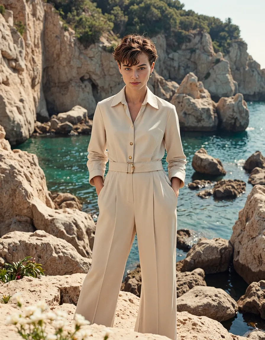 Elegant cream jumpsuit editorial against rocky Mediterranean coast with crystal turquoise waters, showcasing sophisticated summer style.