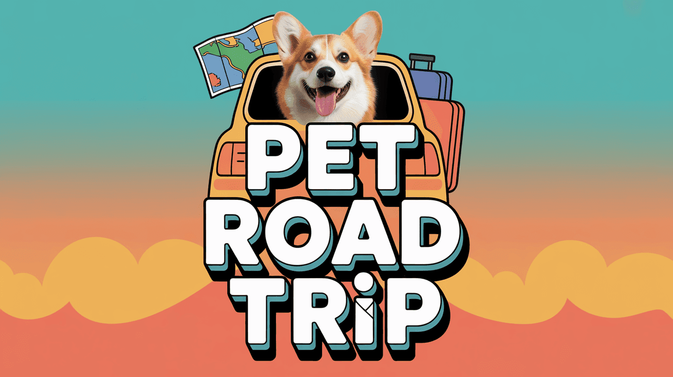 Corgi enjoys car road trip with map graphics and PET ROAD TRIP typography