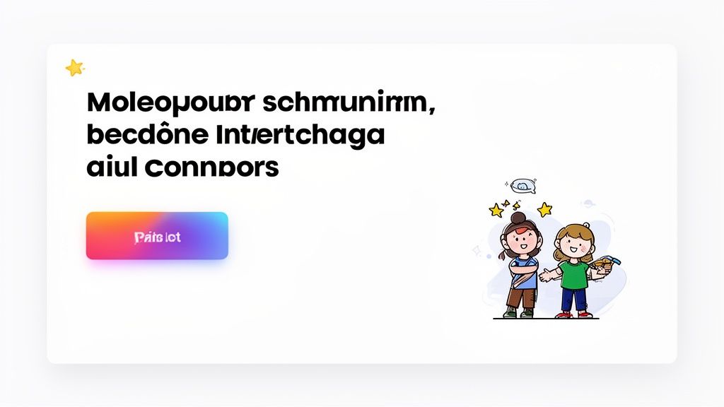 Cartoon illustration of two happy children beside a colorful button and abstract text on a white card.