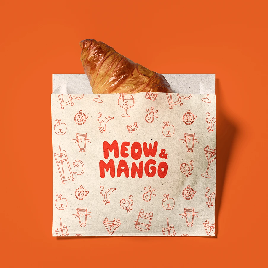 Meow and mango cat cafe packaging design