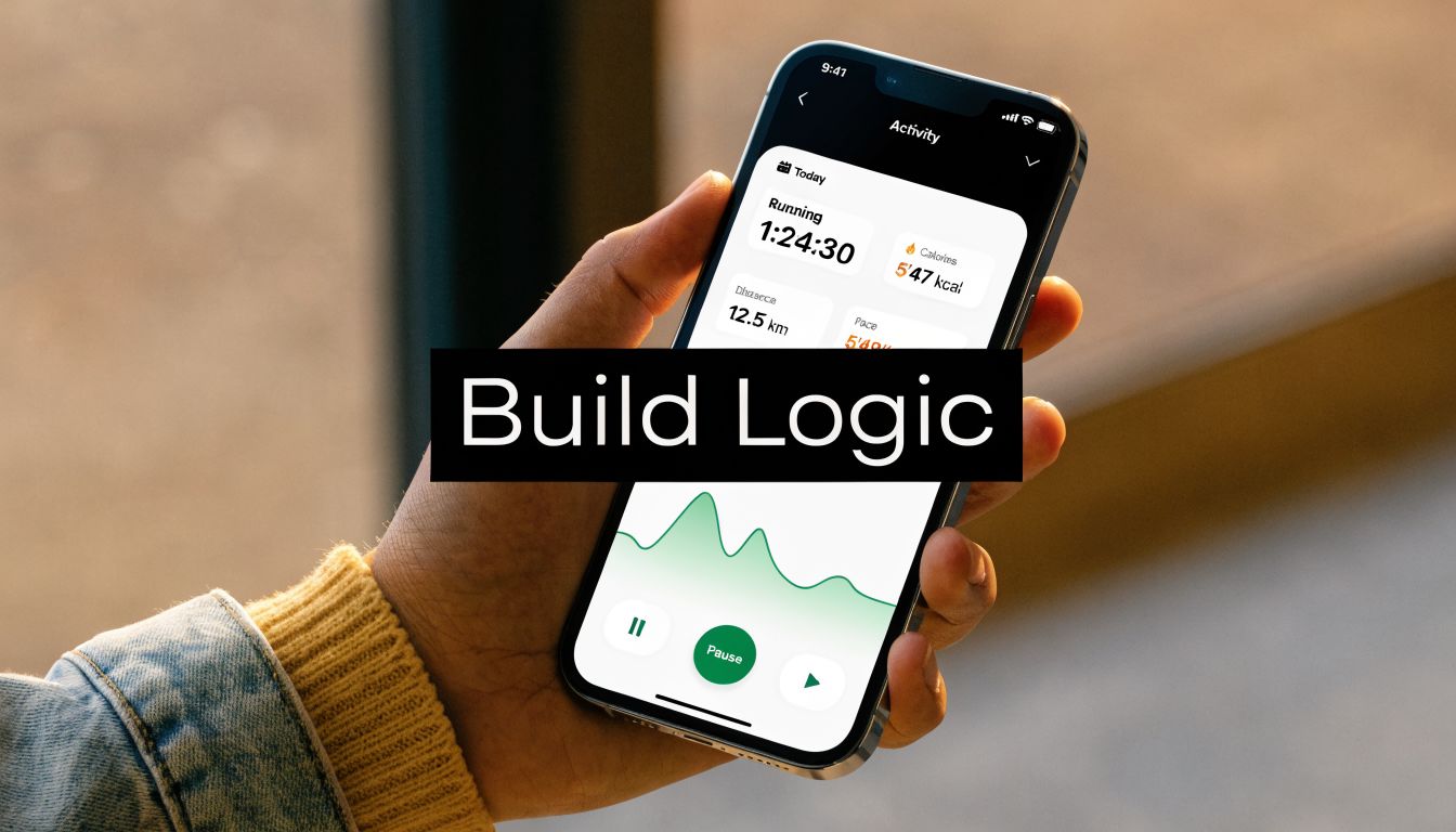 A hand holding a smartphone displaying a fitness tracking application with workout metrics and activity graphs.