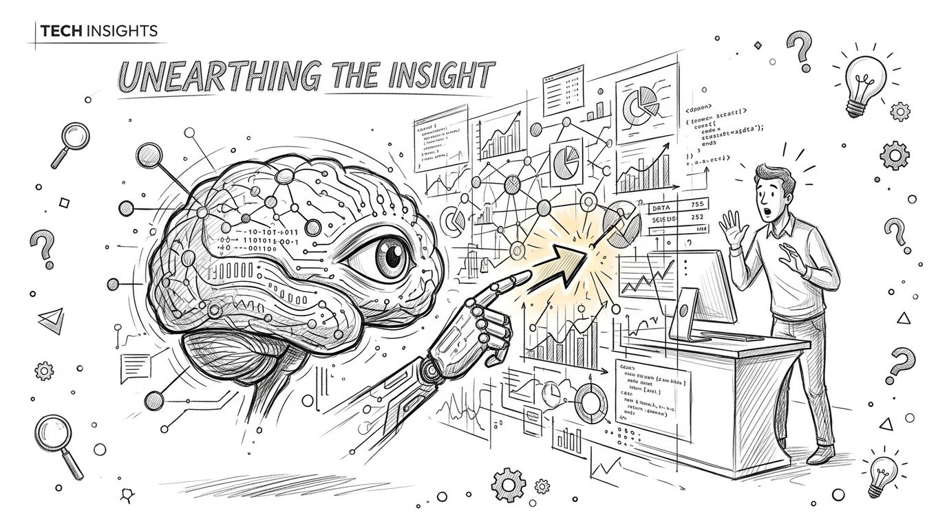 A hand-drawn illustration showing a robotic arm and AI brain analyzing complex data for a surprised researcher.