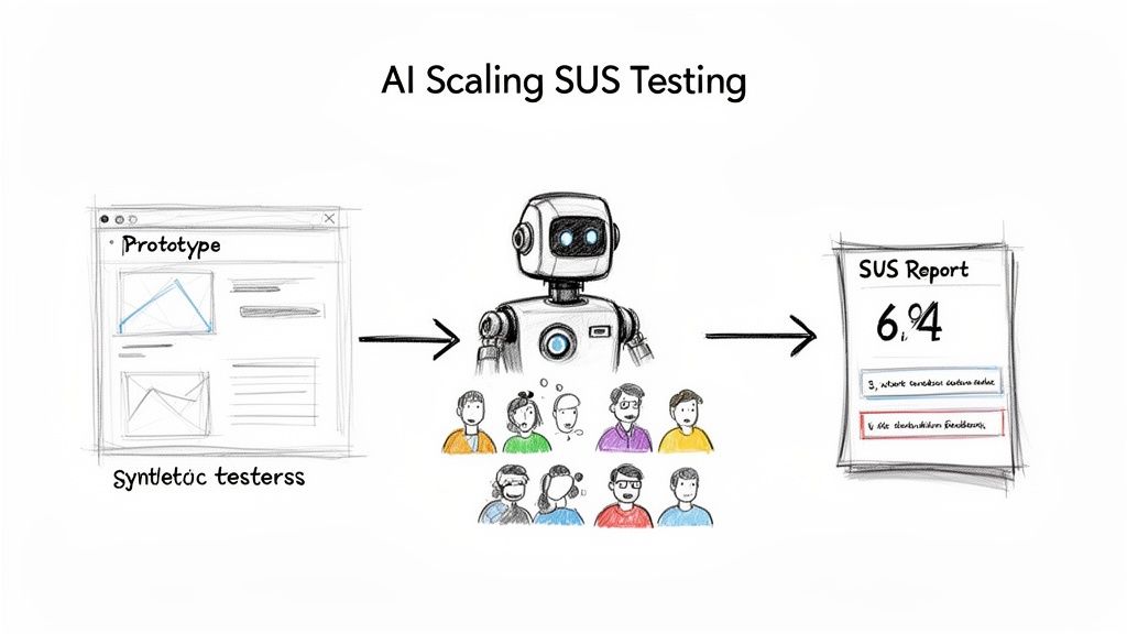 Diagram showing AI scaling SUS testing: prototype input, AI and synthetic testers processing, and a generated SUS report.