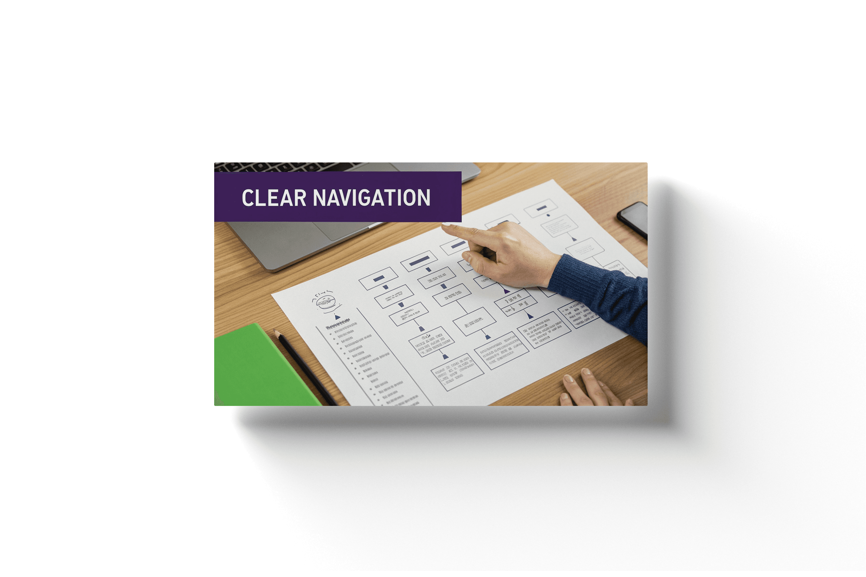 a person pointing to a piece of paper with a organized graph and the text 'clear navigation' in the top left corner
