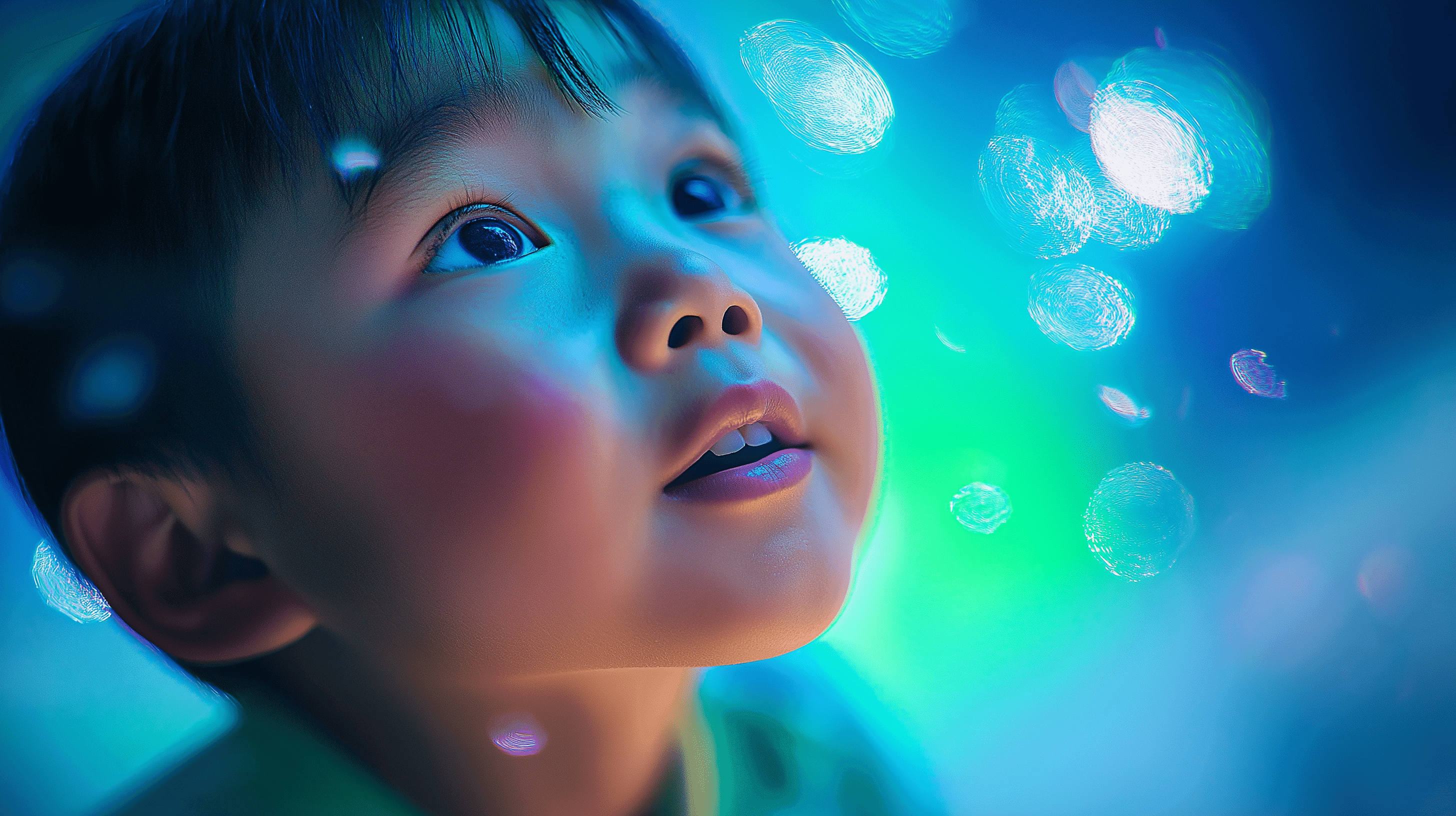 A young child gazing in awe at glowing orbs of light, their face illuminated by a dreamy blue and green ambiance, capturing a sense of wonder and curiosity.