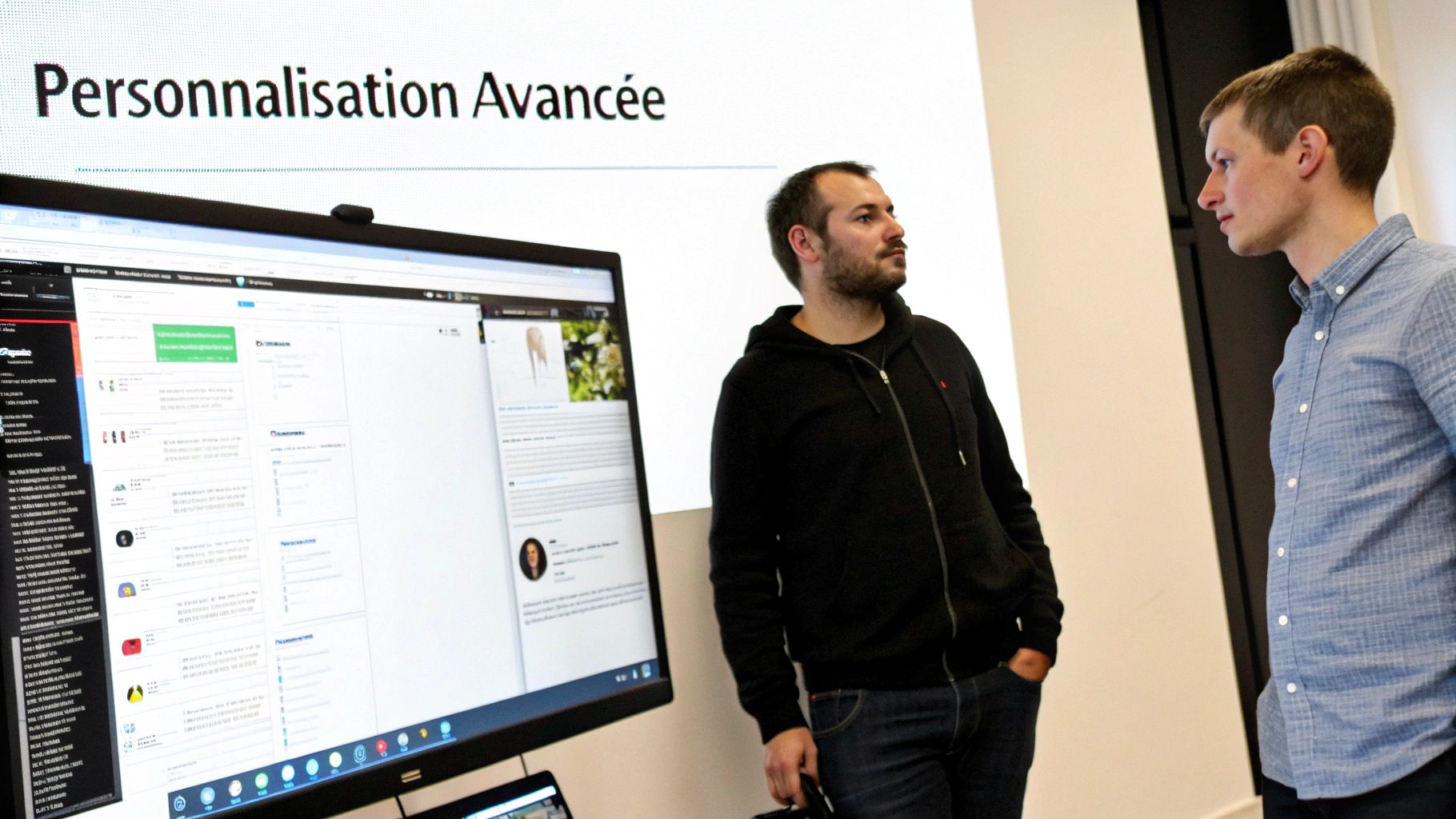 Deux hommes discutant devant un grand écran affichant « Personnalisation Avancée » et des interfaces web.