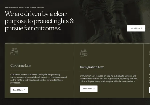 Law firm website with sections on Corporate Law, Immigration Law, and Justice Lady statue.
