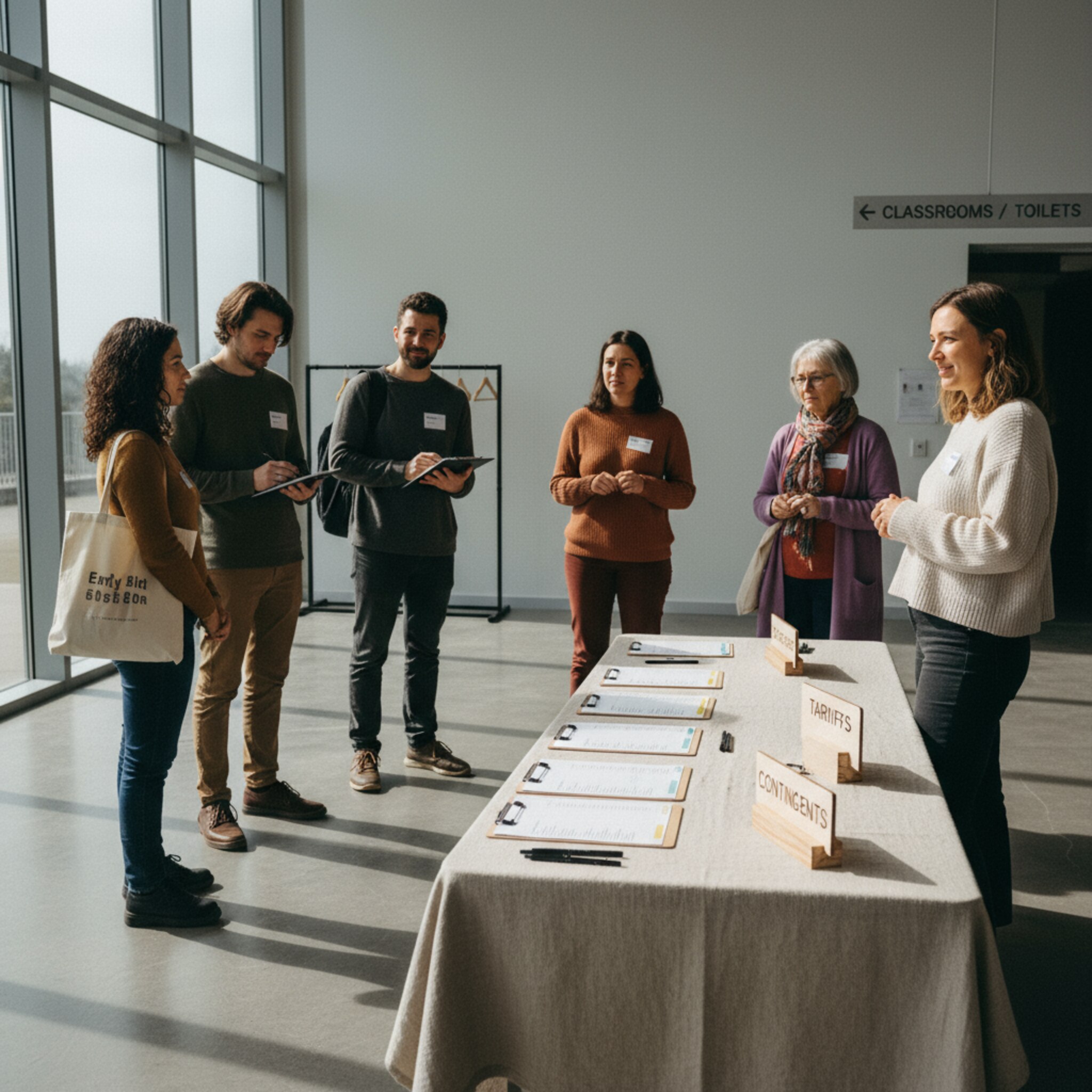 Ein Empfangstisch mit ordentlichen Namenslisten und dezent markierten Gruppenbereichen. Die Kursleitung begrüßt eine kleine Gruppe und weist sie freundlich zu. Die Szene wirkt klar strukturiert und vermittelt, dass unterschiedliche Tarife und Kontingente harmonisch zusammenfinden.