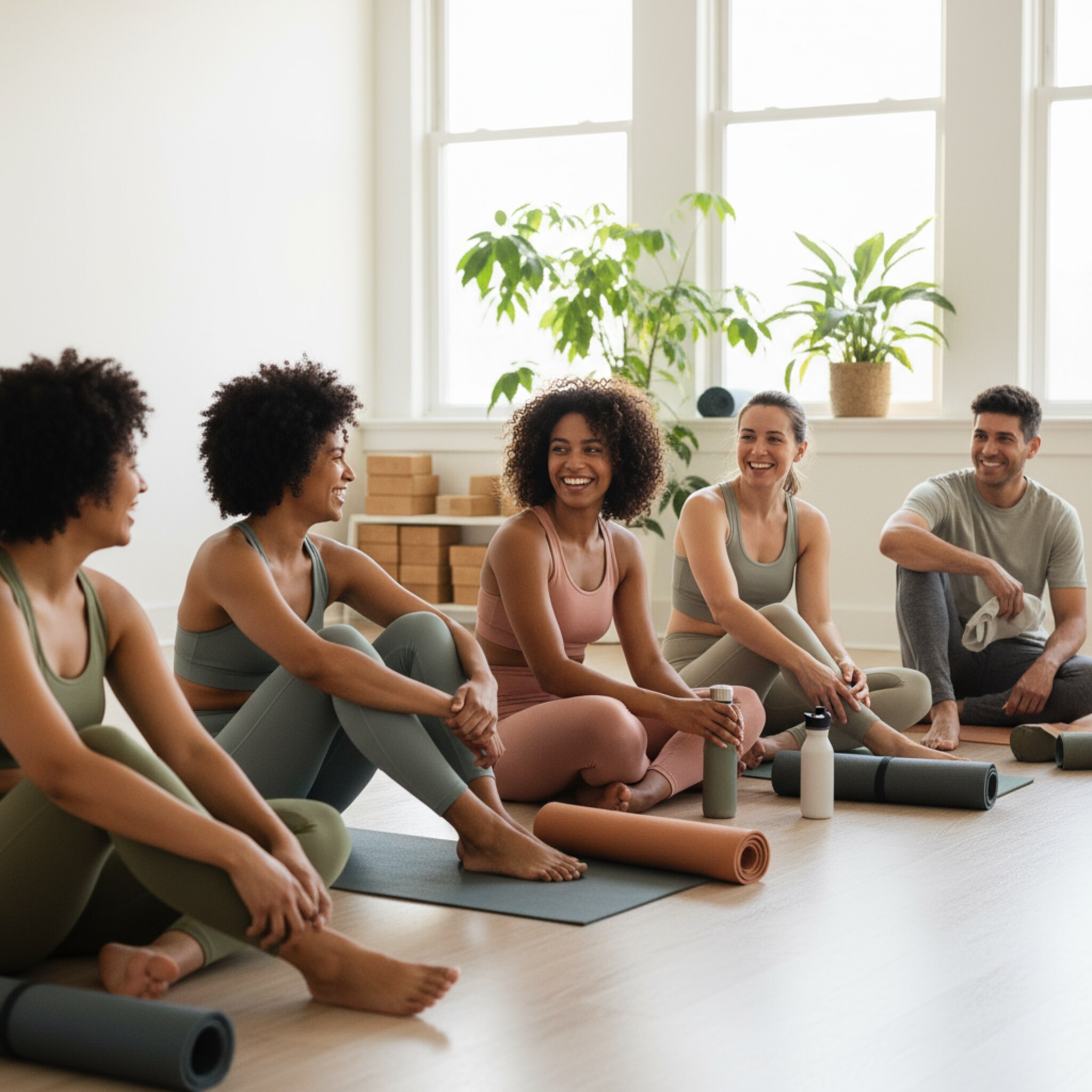 Zufriedene Gruppe nach der Stunde im Studio, entspannte Gespräche und Lachen, natürliche Farben, realistisches Foto