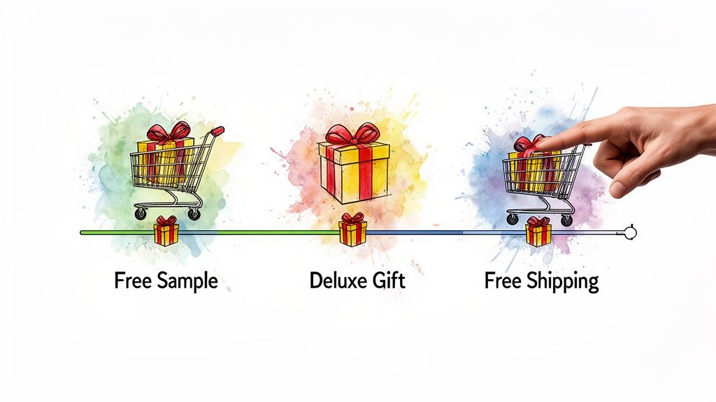 A progress bar illustrating shopping incentives: Free Sample, Deluxe Gift, and Free Shipping options.