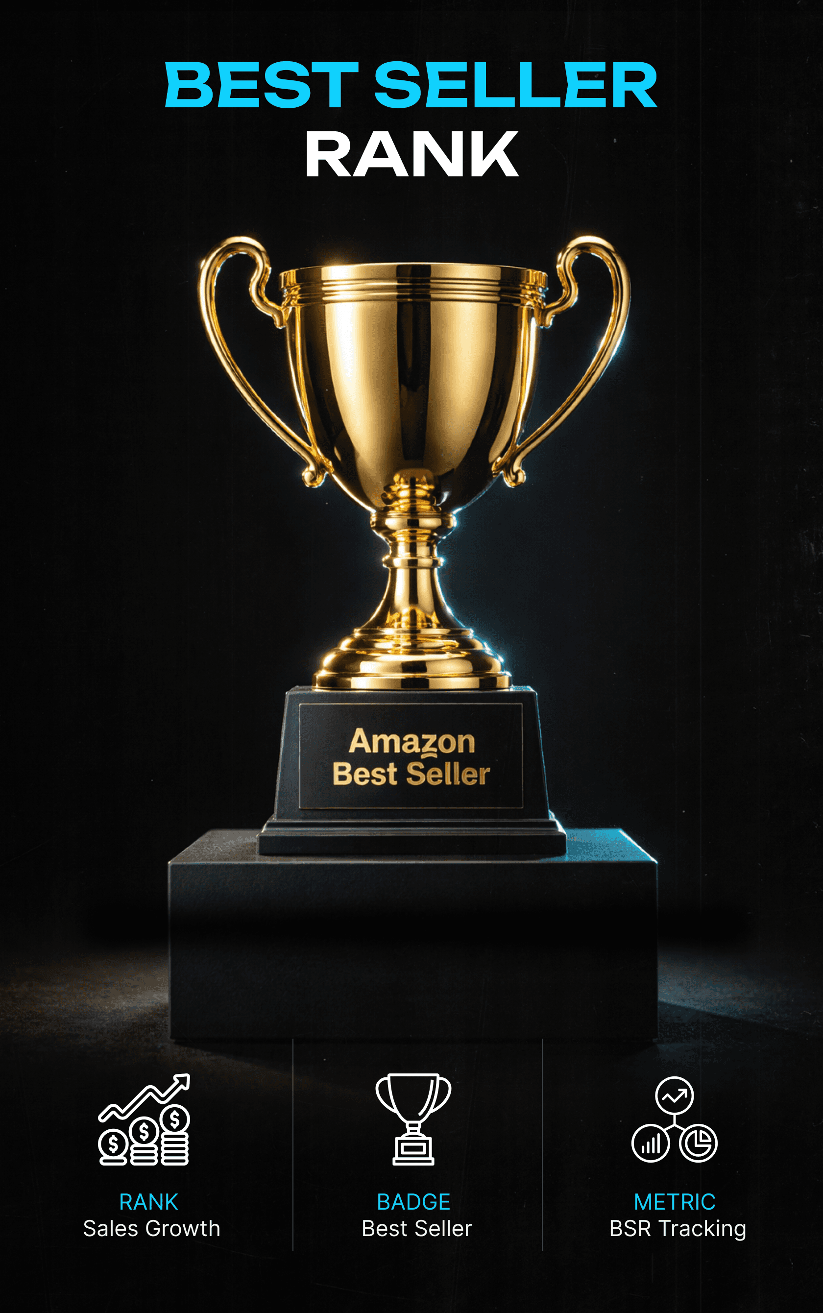 Rising bar chart with upward arrow and “Best Seller” label on a digital screen, representing sales growth and product popularity