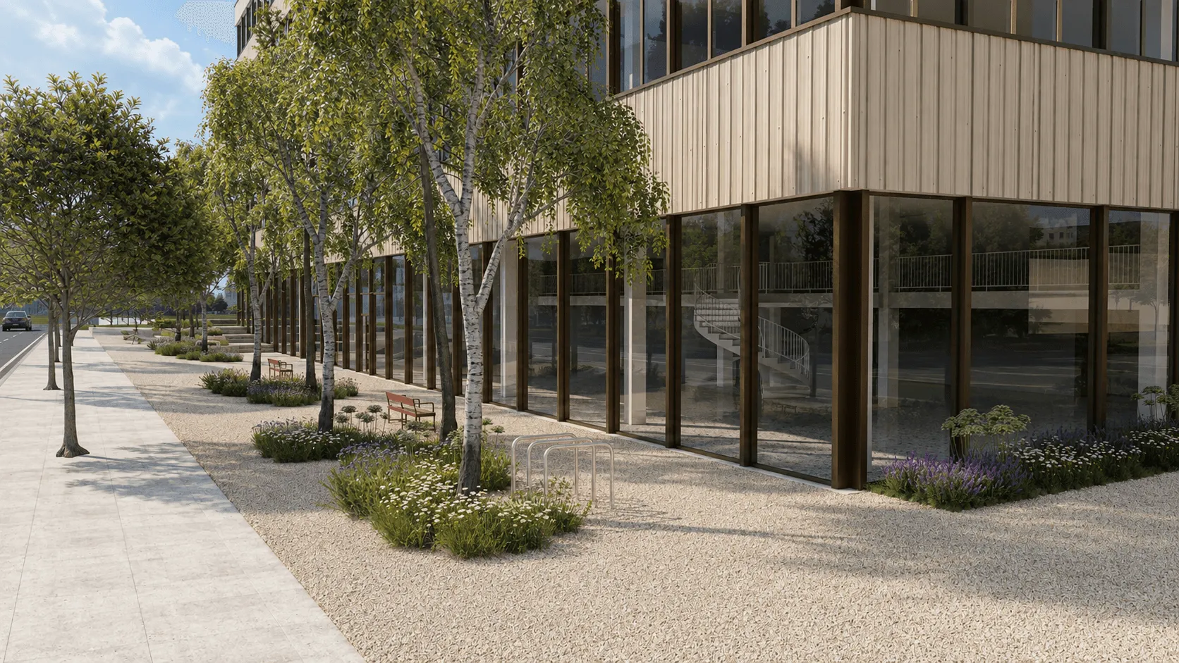 3D close up of a building froma ground level