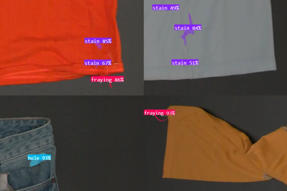 Sort Mate AI software for textile quality control, identifying holes, stains, fraying, and fading down to 3mm for automated garment grading.
