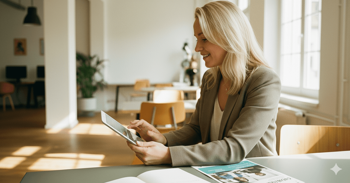 A young person with short brown hair in a purple shirt is looking at their phone against a dark green background.