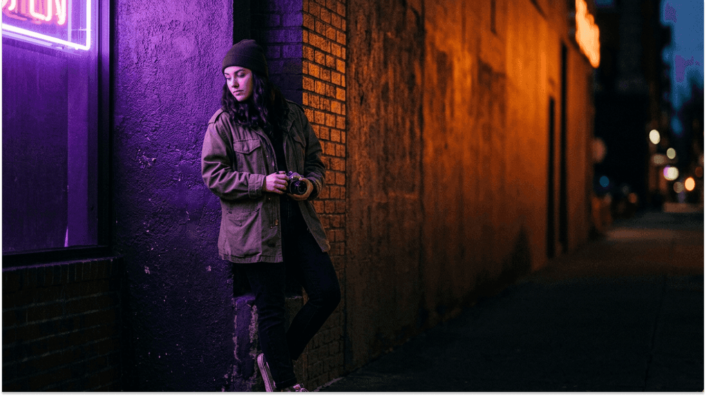 Red-haired woman relaxes with eyes closed in dramatic sunlight shadows.
