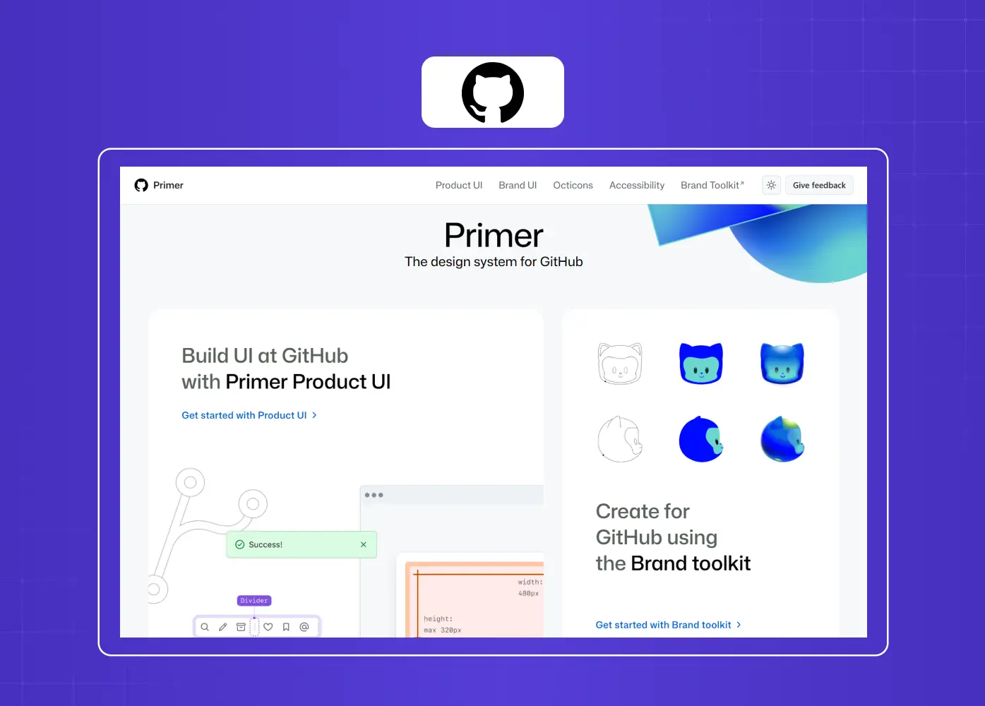 Screenshot of GitHub's Primer Design System featuring reusable UI components and brand assets for product development.