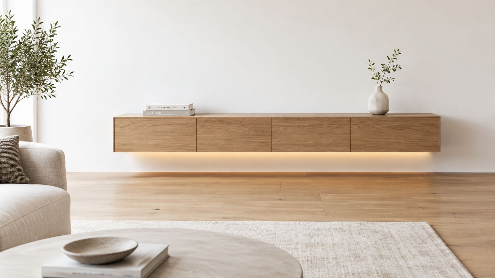 A modern minimalist living room featuring a wooden wall-mounted cabinet with warm under-cabinet lighting.