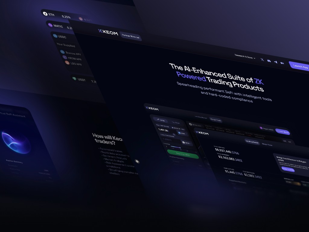 Hero section of KEOM’s landing page showcasing zk-powered DeFi suite with abstract light animation and bold typography