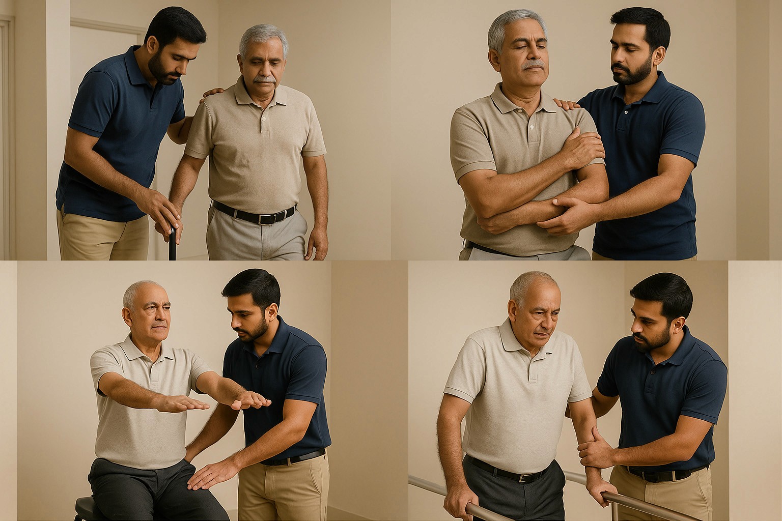Collage of stroke rehabilitation physiotherapy: therapist assisting an older man with supported walking, guiding arm mobility and strength exercises, helping him practice seated balance with arms extended, and providing supervised gait training on parallel bars.