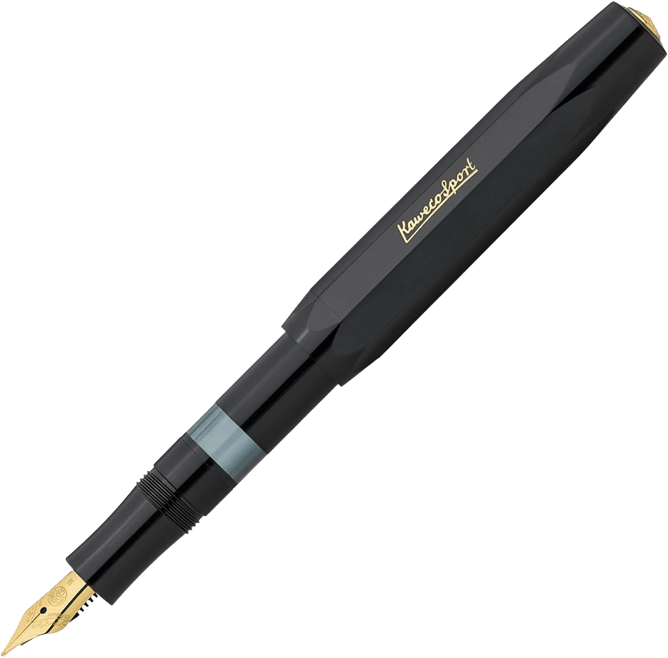 Kaweco Classic Sport fountain pen, a faceted glossy black pen with a gold nib and gold Kaweco Sport logo.