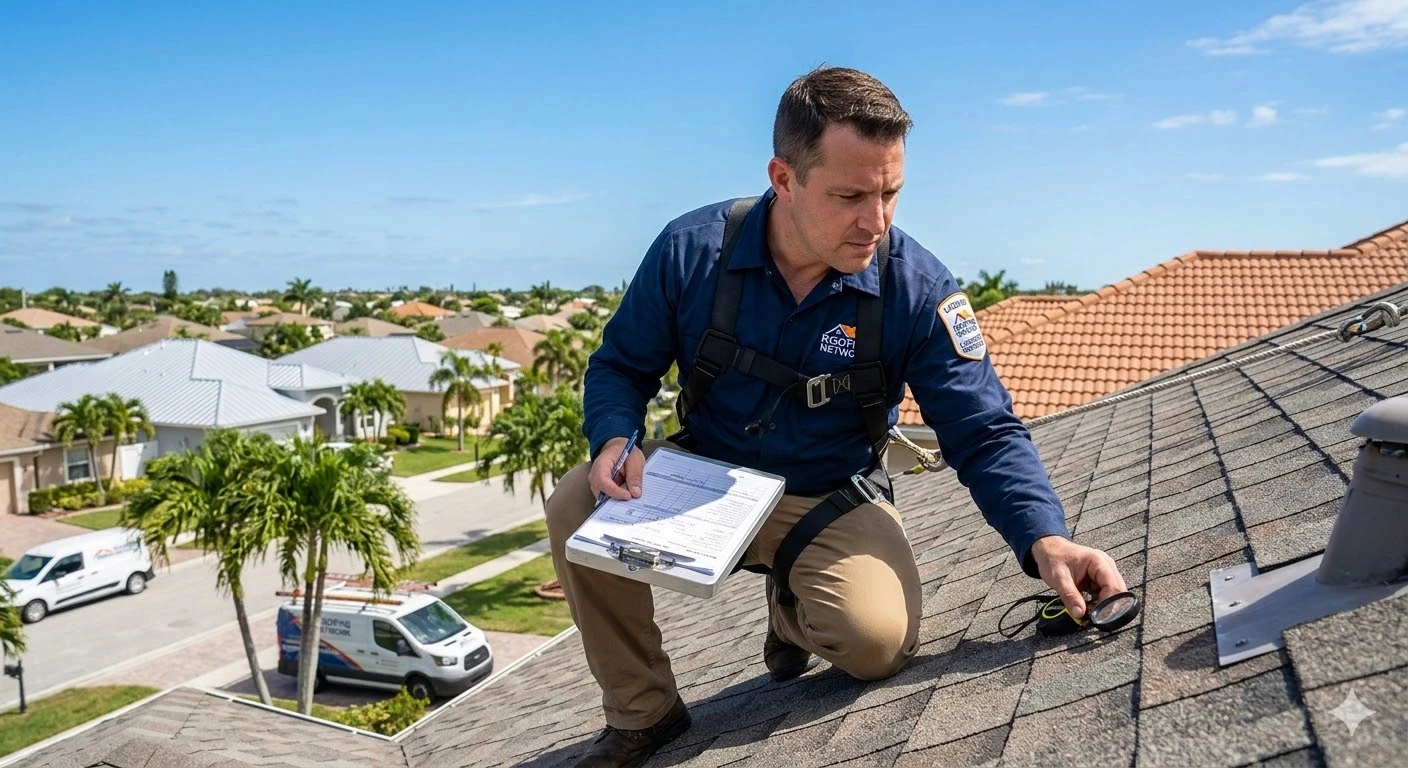 Licensed roof inspector assessing residential roof condition and photographing damage in South Florida