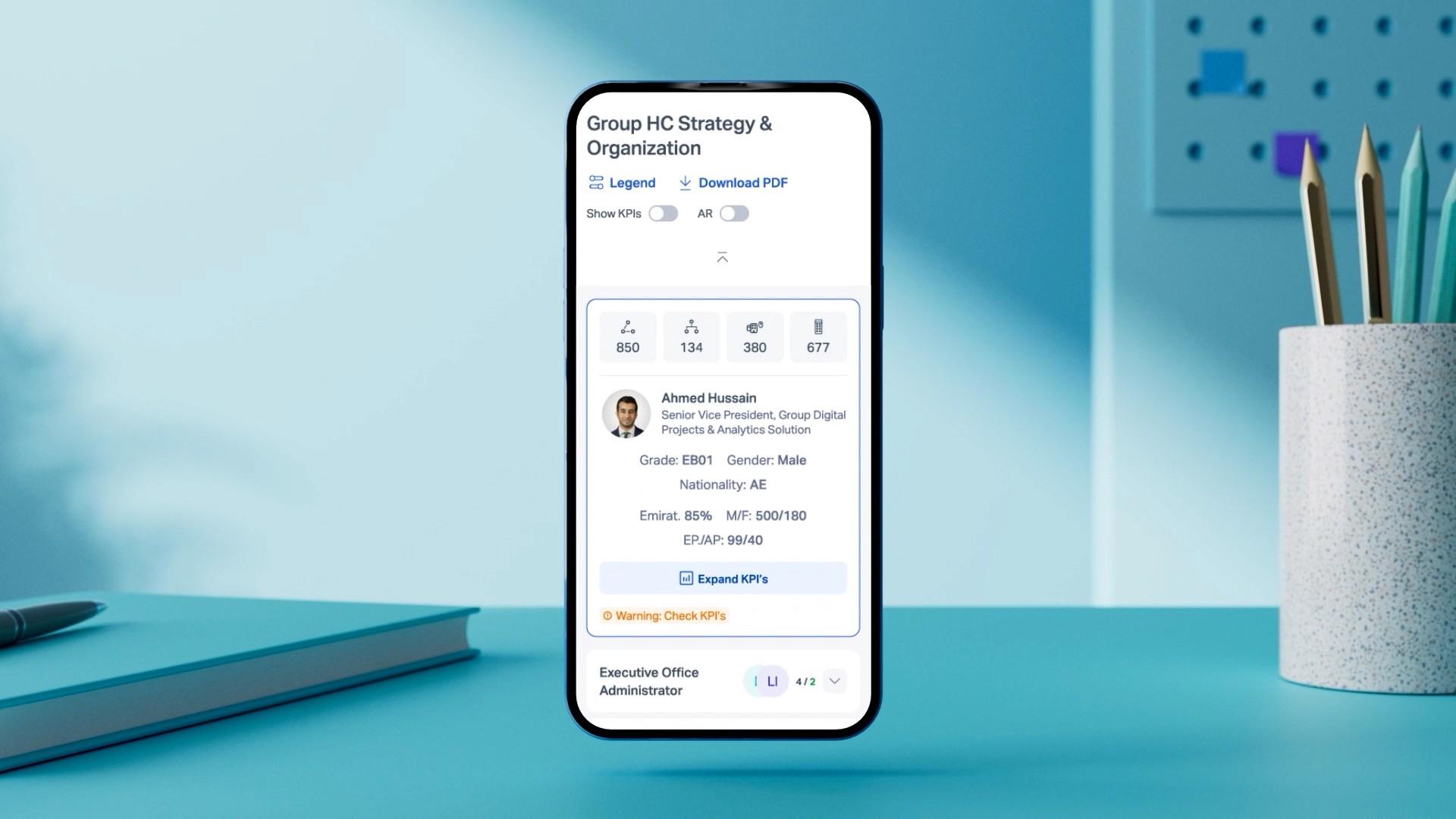 3D render of a smartphone screen showing HR portal