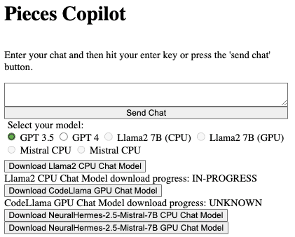 Interface of building a copilot using local LLMs.