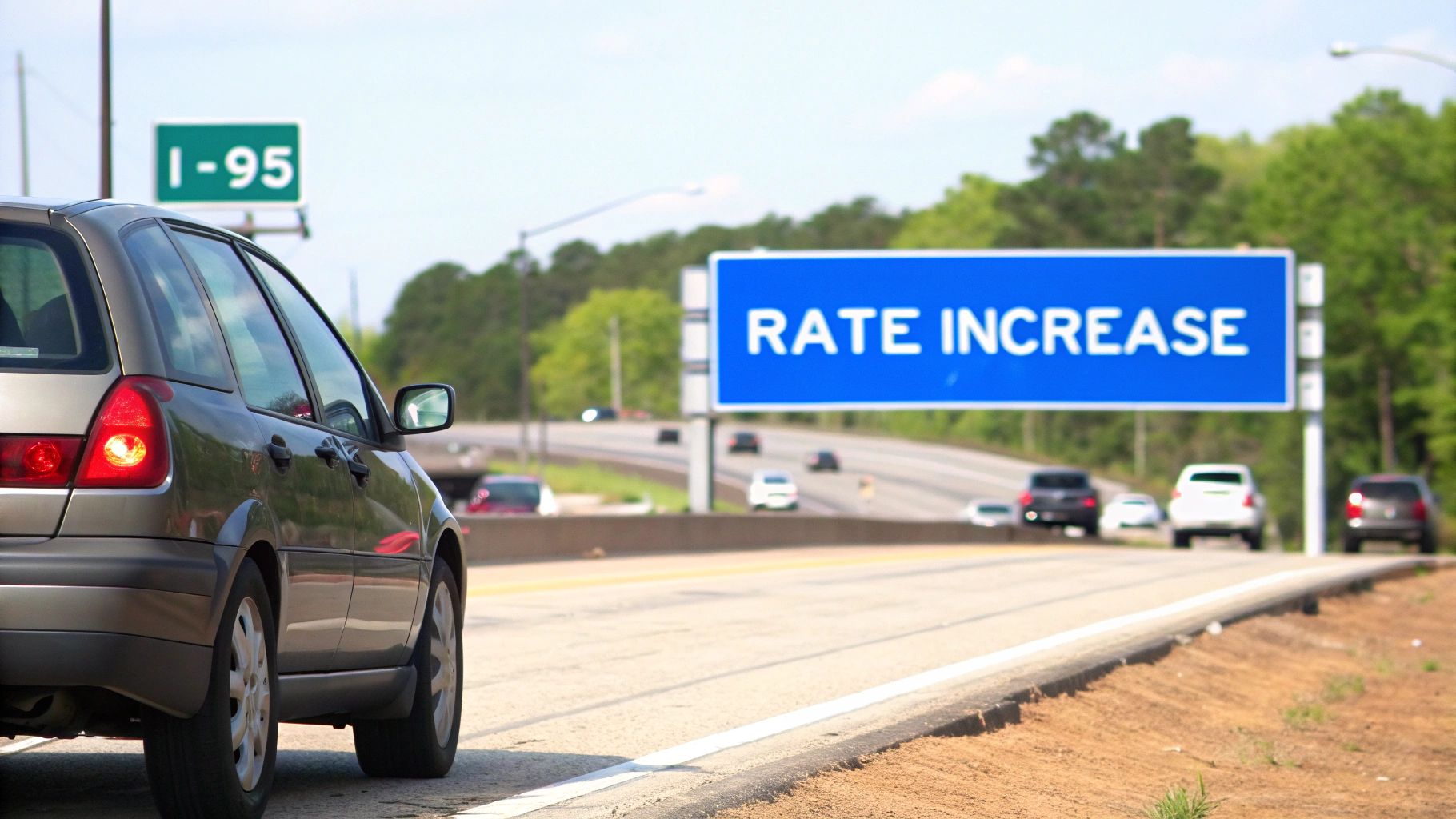 Car on highway shoulder with a large blue sign overhead reading 'RATE INCREASE'.
