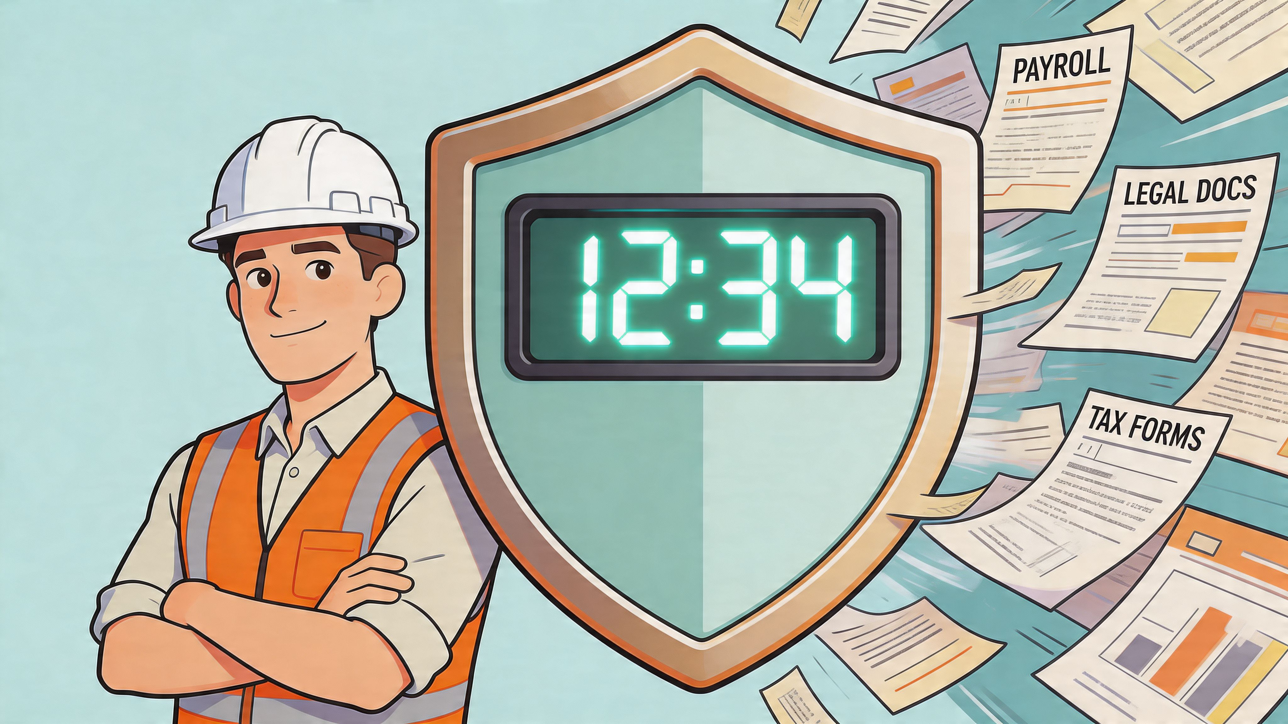 A construction worker standing next to a shield icon displaying a digital clock showing the time 12:34.