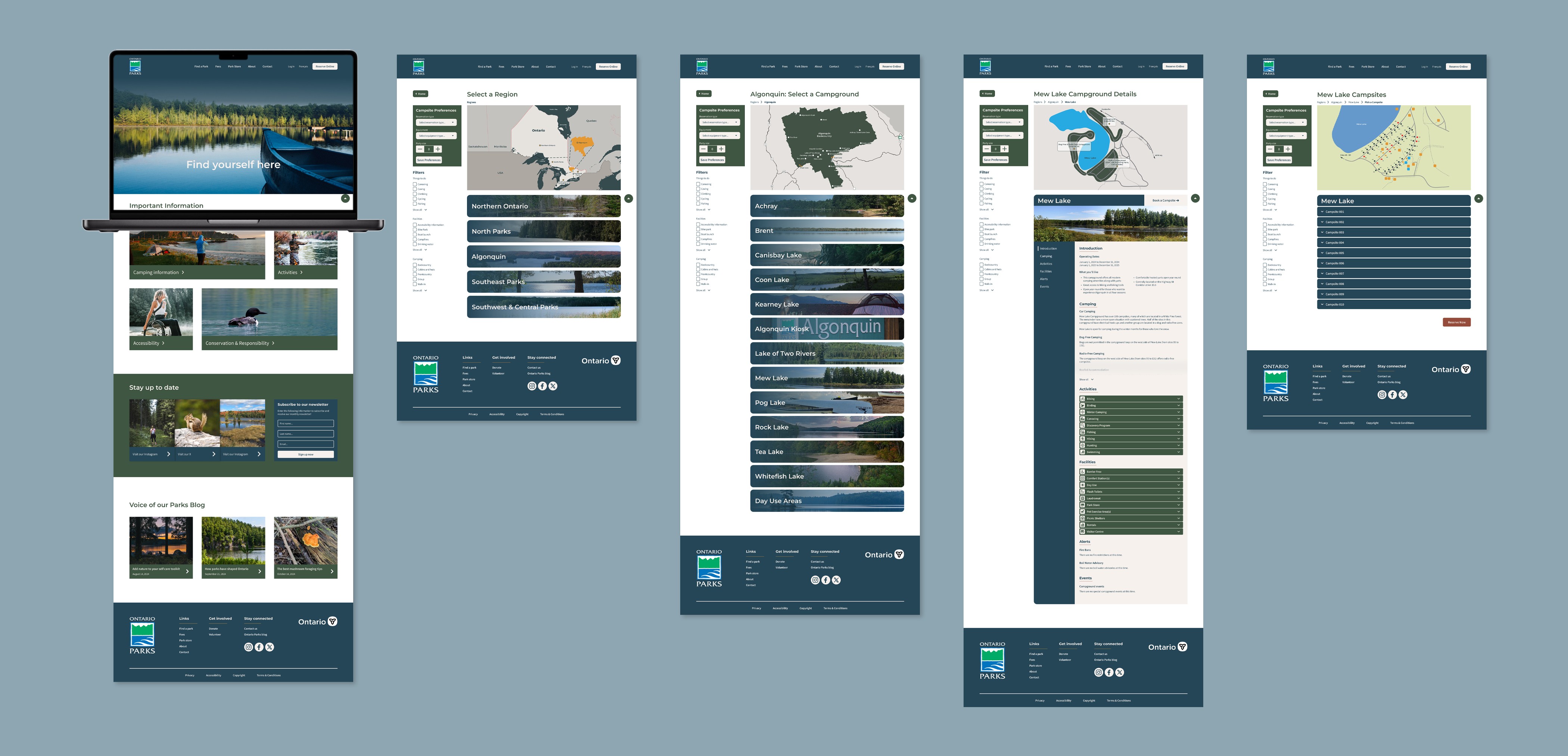 The image shows a comprehensive layout of a multi-page website redesign for Ontario Parks, featuring a desktop mockup on a laptop and several scrolling page views that display regional maps, campground selection lists, and detailed site descriptions.
