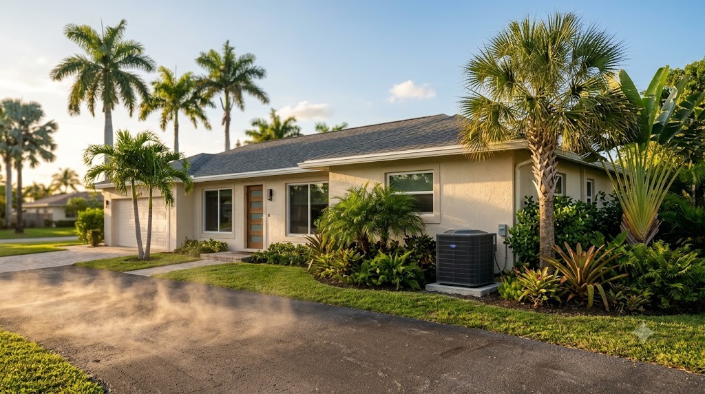 A Palm Beach County home in summer heat with its outdoor AC unit running