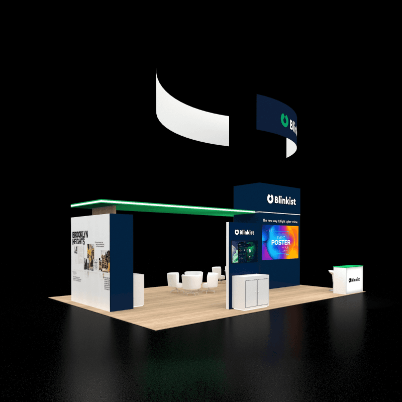 20x30 utility technology booth with energy dashboards, reception, and storage