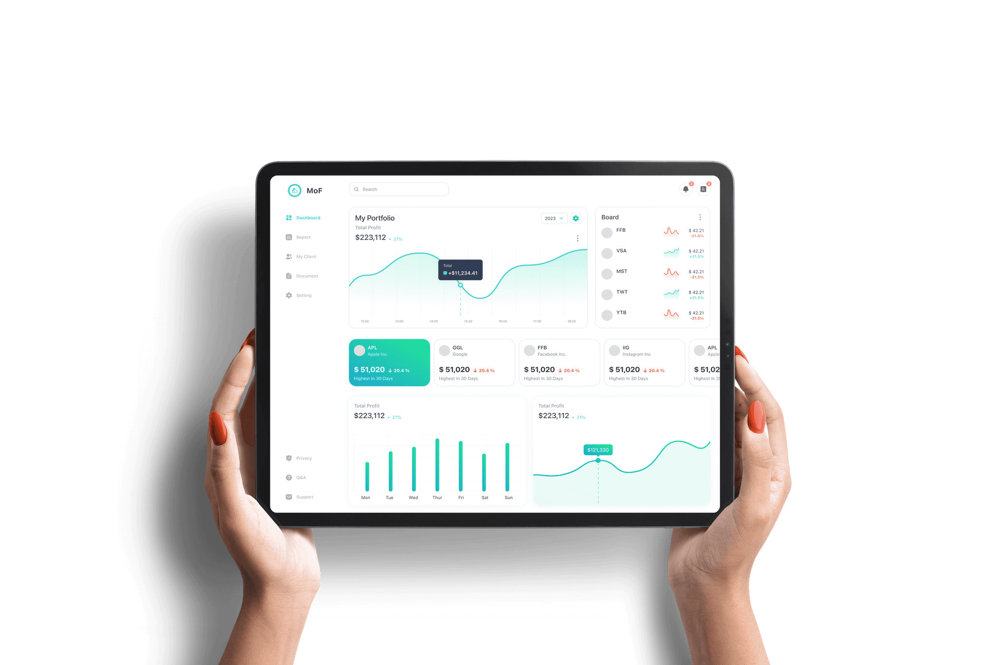 Tablet displaying a custom client portal dashboard with performance metrics and charts