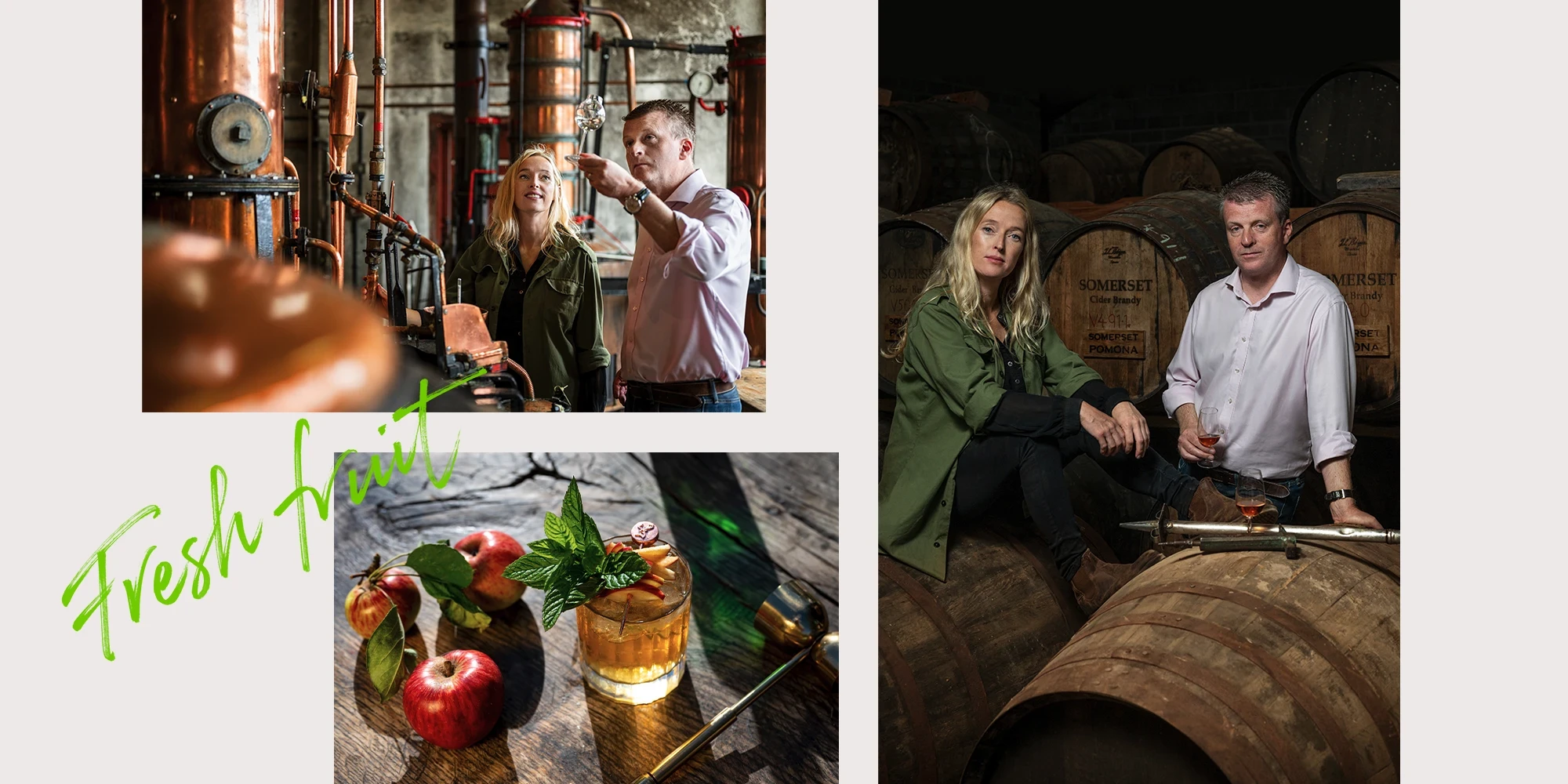 Collage with images of man and woman in a distillery, and a picture of a cocktail with apples beside it and 'Fresh Fruit' handwritten next to it